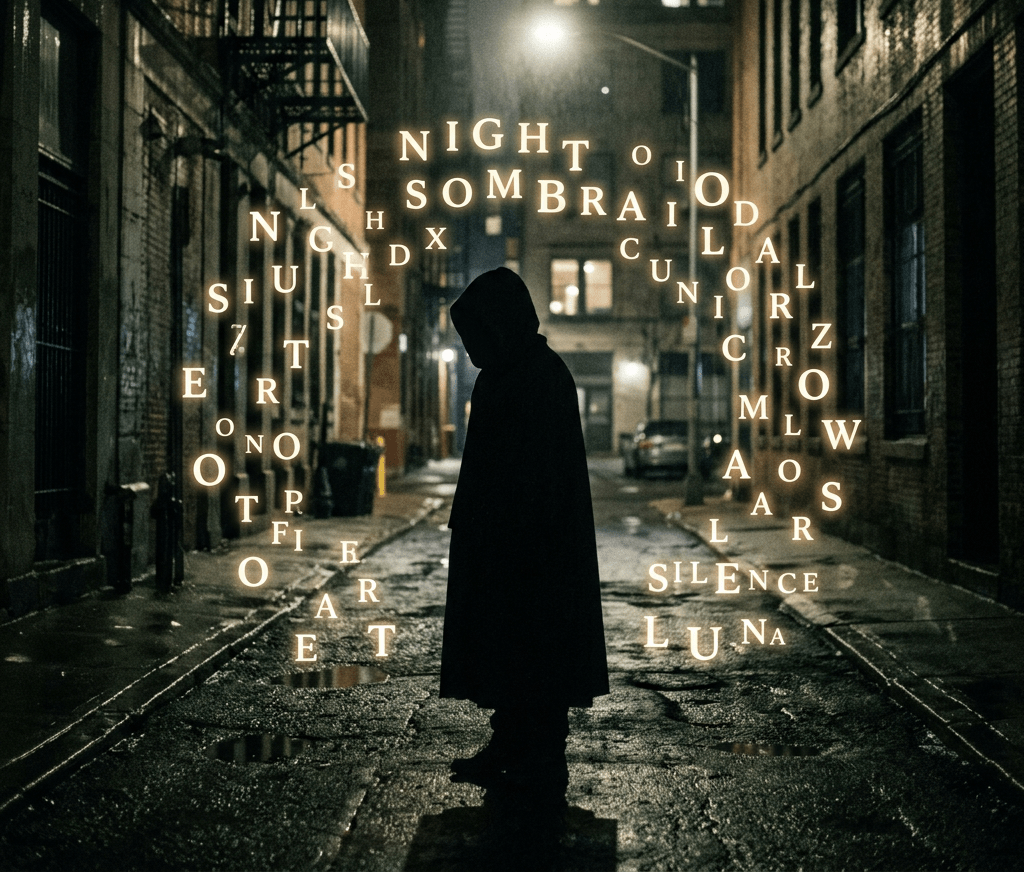 Silhouetted person wearing a hooded cloak in an urban alleyway at night with illuminated floating letters around them