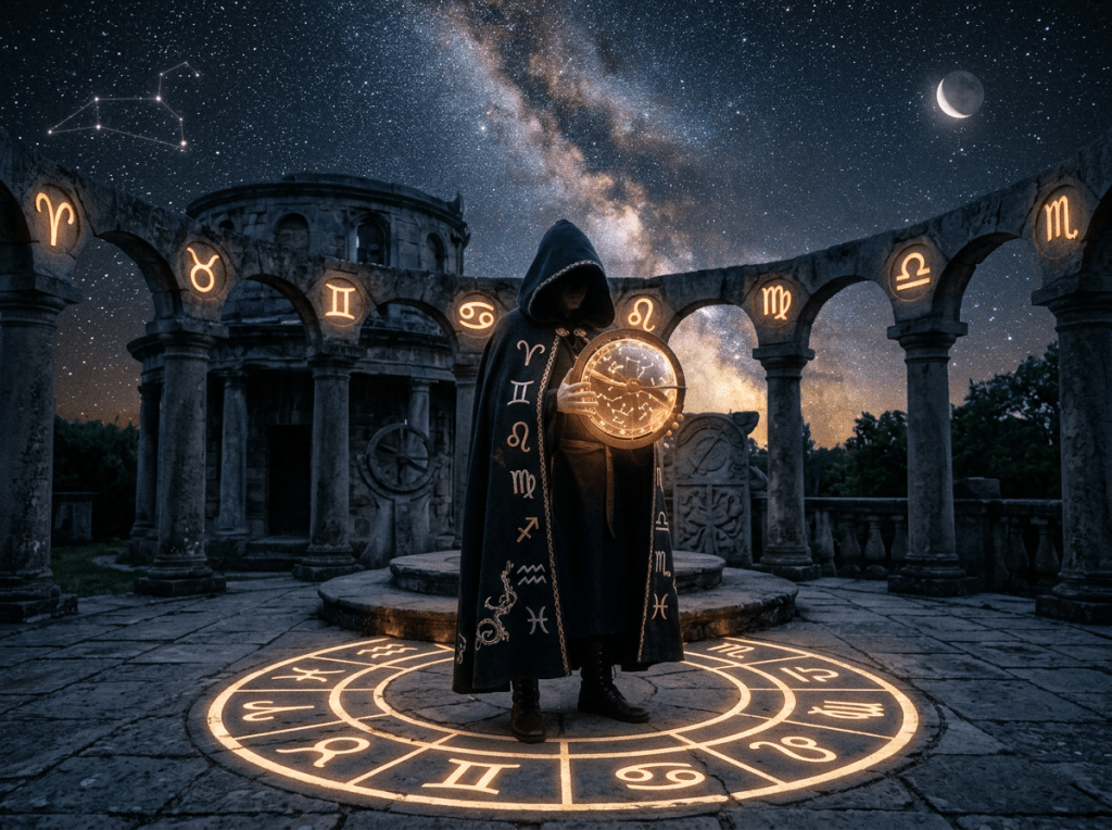 Person in cloak holding astrological chart in circular zodiac symbol arrangement under starry sky
