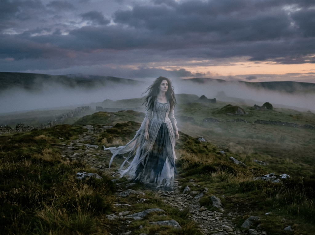 Woman in a long dress walking on a misty rocky path in a moody landscape